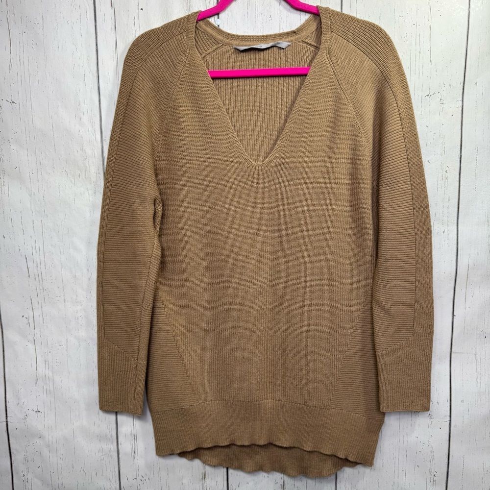 Athleta Brown V Neck Merino Wool Blend Knit Sweater Womens Minimalist Cozy S